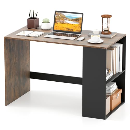 Giantex Small Desk with Bookshelf, 44 Inch Modern Computer Desk for Small Spaces, Laptop PC Desk, Vanity Table for Bedroom, Study Writing Desk for Home Office (Black+Rustic Brown) - color: Black+rustic Brown