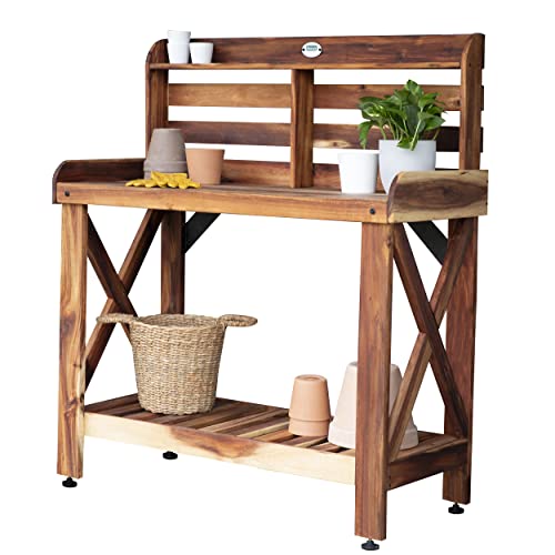 Backyard Discovery 47" Acacia Wood Garden Potting Bench & Serving Bar with Lower Storage Shelf, Leveling Feet, All-Weather Farmhouse Design for Patio, Deck, Porch, Kitchen, Dining Room - style: With Decorative Shelves