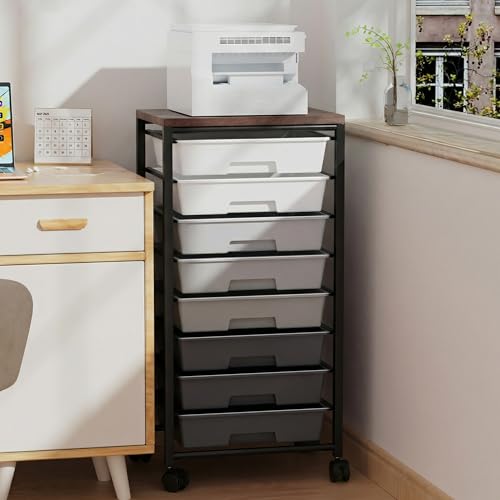 Rolling Cart with 8 Drawers, Storage Drawers Cart with Wooden Tabletop and Lockable Wheels, Craft Storage for Living Room, Office, Classroom, Craft Room, Bedroom (Gray) - color: Gray