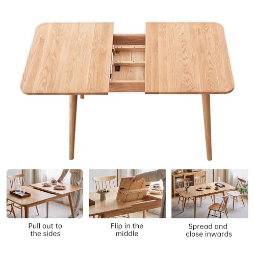 47’’-63’’ 100% Oak Extendable Dining Table, Solid Wood Folding Kitchen Table, Mid Century Modern Dinner Table for Kitchen, Apartment, Living Room (47''-63'' Natural) - color: Natural, size: 47''-63''