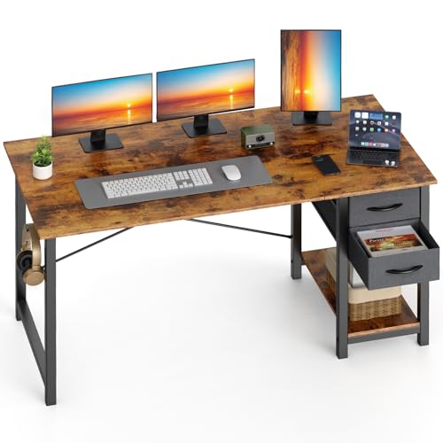 Sweetcrispy 47 Inch Computer Desk with Drawers for Home Office Writing Desk X Shaped Reinforcement Wood Surface Adjustable Position Modern Study Work Side Hook Metal Frame Storage Station Rust - color: Rust, size: 47 Inches