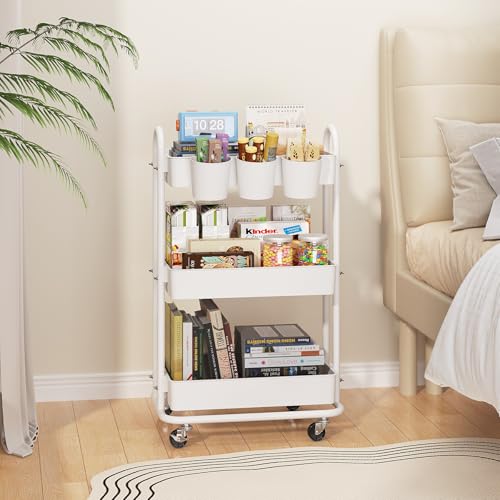 3-Tier Utility Cart with Wheels, Rolling Cart with 3 Hanging Baskets, Storage Shelves, Multi-Functional Organizer Cart for Bathroom, Office, Kitchen, White - size: With hanging baskets
