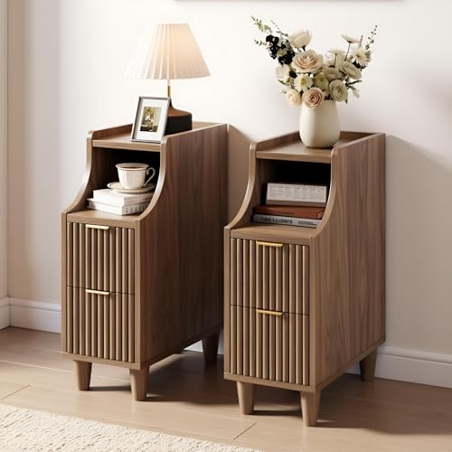 7.9" Narrow Fluted Nightstand Set of 2,Slim Side End Table with 2 Drawers,Black Modern Bedside Table,Skinny Night Stand for Small/Compact Space, Motorhome (Walnut) - color: Walnut