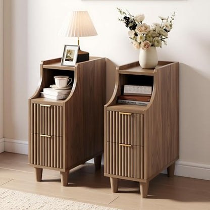 7.9" Narrow Fluted Nightstand Set of 2,Slim Side End Table with 2 Drawers,Black Modern Bedside Table,Skinny Night Stand for Small/Compact Space, Motorhome (Walnut) - color: Walnut