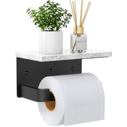 Gypie Toilet Paper Holder with Shelf, Extended Base Wall Mounted, Marble Toilet Roll Holder Black for Bathroom Washroom - color: Black, size: Marble
