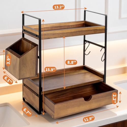 2-Tier Bathroom Counter Organizer, Acacia Wood Vanity Shelf with Drawer | Pre-Drilled Holes, Skincare & Makeup Countertop Organizer and storage, Acacia Dark Brown - color: Acacia wood-Dark Brown