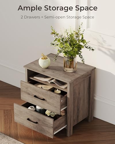 Farmhouse Nightstand, Rustic Nightstand with 2 Large Drawers, Wood End Table with Open Shelf, Bedside Table for Bedroom, Light Brown - color: Light Brown, size: 1 Piece