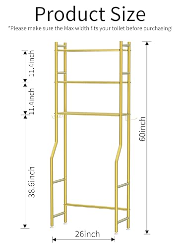 3-Tier Over The Toilet Storage, Freestanding Metal Bathroom Organizer with 4 Hooks & Anti-Tilt Kits, Heavy Duty Space Saver Shelf for Bathroom/Kitchen/Living Room, Gold