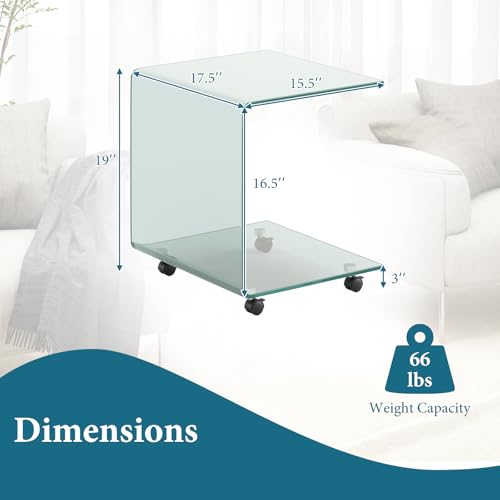 Tangkula Tempered Glass Side Table, Modern C-Shaped Bedside Table Nightstand with Storage Shelf, 4 Lockable Universal Wheels, Rolling Sofa End Table for Living Room Bedroom Office (1, Transparent) - color: Transparent
