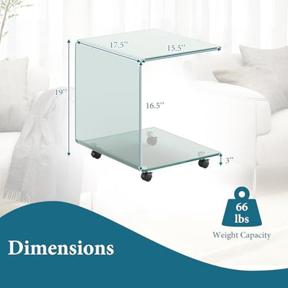 Tangkula Tempered Glass Side Table, Modern C-Shaped Bedside Table Nightstand with Storage Shelf, 4 Lockable Universal Wheels, Rolling Sofa End Table for Living Room Bedroom Office (1, Transparent) - color: Transparent