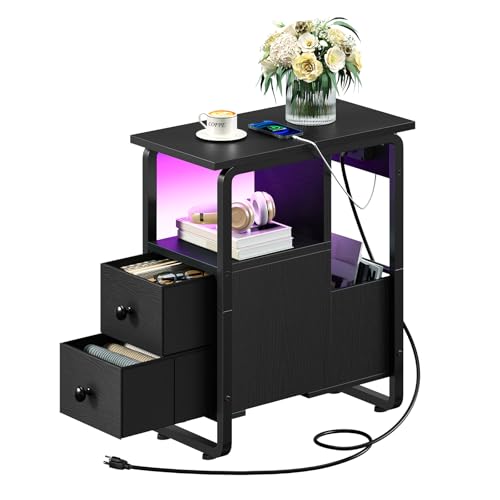 HOOBRO Narrow End Table with Charging Station & LED Lights, Slim Nightstand with 2 Fabric Drawers and Open Shelves, Narrow Side Table for Living Room, Bedroom, Black BB430UDBZ01 - color: Black