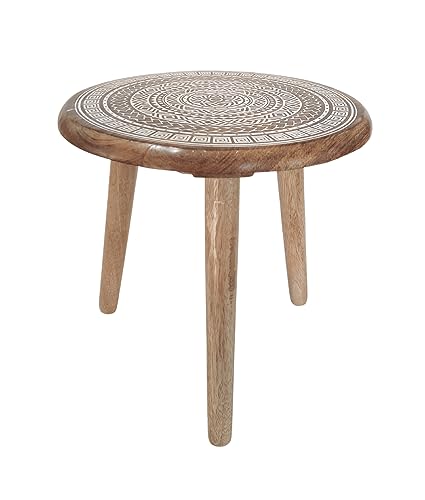 VANIYA CRAFTS® Wooden Engraved Fold-able Side Table/End Table/Plant Stand/Stool for Living Room Bedroom Restaurant Kids Play Furniture Table Round Shape (Natural White 2) - color: Natural White 2