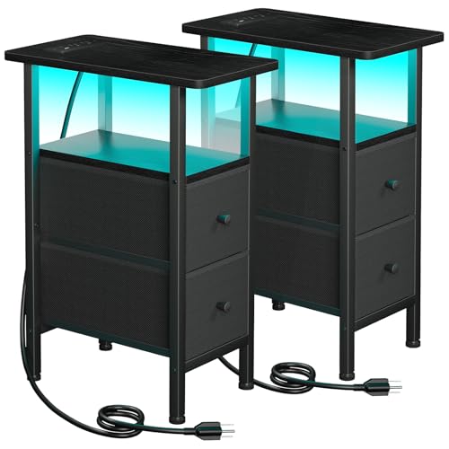 LOAKEKEL Narrow Nightstand with Charging Station, End Tables Living Room | Set of 2, Skinny Side Table with 2 Fabric Drawers, Small Sofa Table with LED Light for Bedroom, Black - color: Black, style: Power + Light