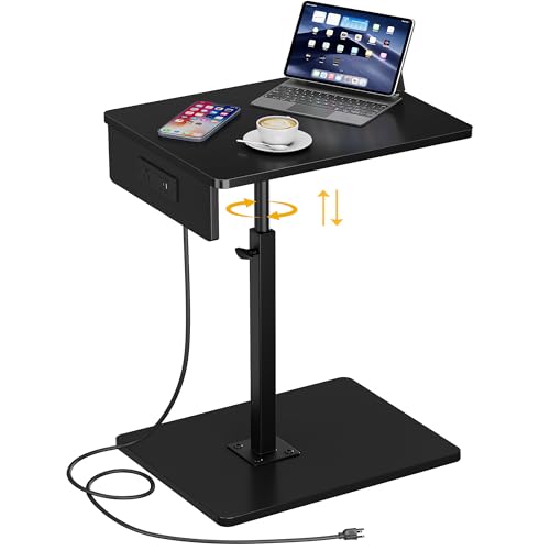 C Shaped End Table with Charging Station, Adjustable Height C Table End Table, 360°Swivel TV Tray Table for Small Spaces, Rounded Corners Couch Table, Side Tables Living Room for Sofa,Chair,Snack,Bed - color: Black