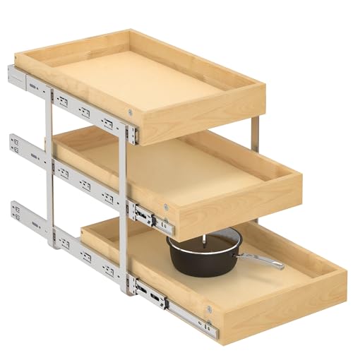 WelFurGeer 3-Tier Pull Out Cabinet Organizer with Soft Close, Heavy-Duty Pull Out Drawers for Cabinets, Slide Out Shelf for Kitchen, Pantry, Bathroom & Under Sink, Solid Birch Wood - color: 3 Tiers, size: 14''W x22''D
