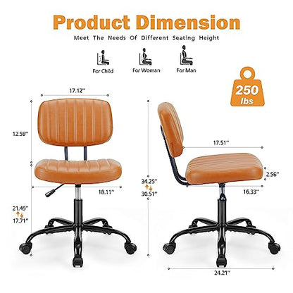 Sweetcrispy Small Office Desk Chair, Armless PU Leather with Comfy Lumbar Support, Height Adjustable Rolling Swivel Task for No Arms, for Adult, Student, Bedroom, Home, Vanity, Brown - color: Leather Brown