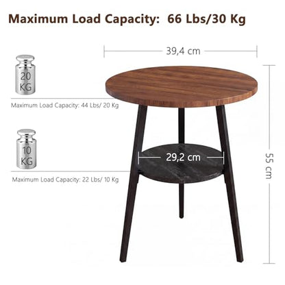 Small Round Side Table, End Tables Living Room, Walnut | 2-Tier Side Table with Storage Shelf for Small Spaces, Bedside Accent Table for Living Room, Bedroom, Metal Frame & Wood Top - color: Walnut