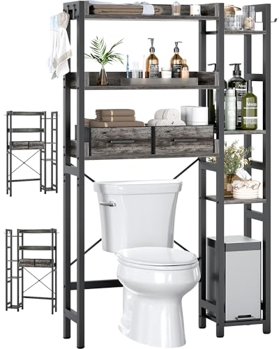 Besiost Over The Toilet Storage, 7 Tier Bathroom Organizer with Reversible Side Shelf and 2 Fabric Drawers, Adjustable Freestanding Rack Space Saver for Small Spaces, Grey Oak - color: Grey Oak, size: 31.1"W