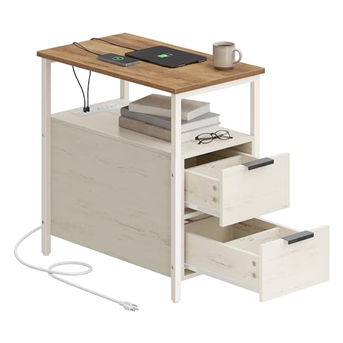 VASAGLE Side End Table with Charging Station, Slim Nightstand with 2 Drawers, Narrow Bedside Table for Living Room, Small Spaces, Honey Brown and Rustic White ULET321W01V1S - color: Honey Brown + Rustic White, size: 23.6"D x 11.8"W