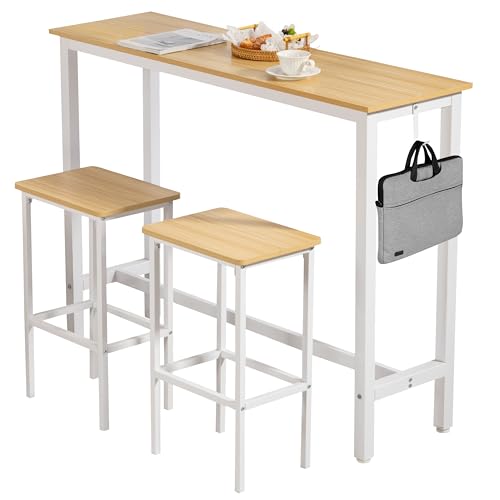 Finnhomy 52.7" Industrial Bar Table Set with 2 Stools - Counter Height Dining & Pub Table for Small Spaces, Kitchen, Apartment, Breakfast - Metal & Wood, Space-Saving Furniture - Oak Beige and White - color: Oak Beige+white, size: 52.7" Bar Table
