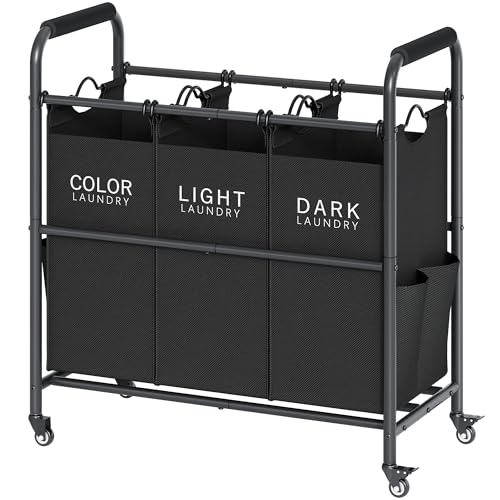 Tajsoon 3 Bag Laundry Sorter Cart, Laundry Hamper Sorter Basket with Heavy Duty Lockable Rolling Wheels for Clothes Storage, Black - color: Black, size: 3 Bag