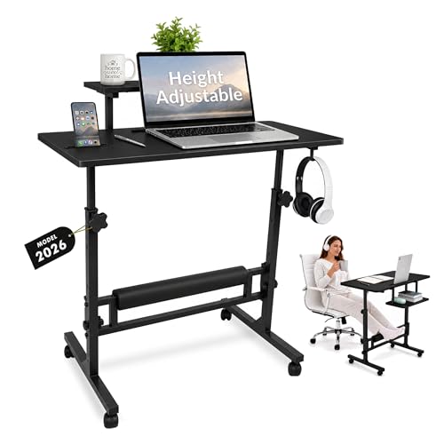 Small Rolling Desk with Wheels, Adjustable Height 27"-43.3" Portable Standing Desk, 31.5"x15.7" Tabletop, Mobile Laptop Computer Table for Home Office Workstation, Black - color: Black