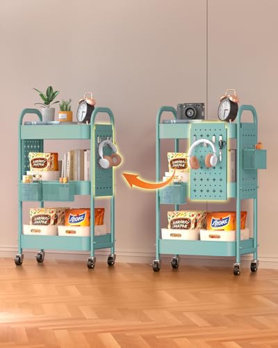 ALVOROG 3 Tier Rolling Cart with DIY Pegboards Metal Utility Cart with Wheels Handles Baskets Hooks, Craft Cart for Office Kitchen Bathroom(Tiffany Blue) - color: Tiffany Blue