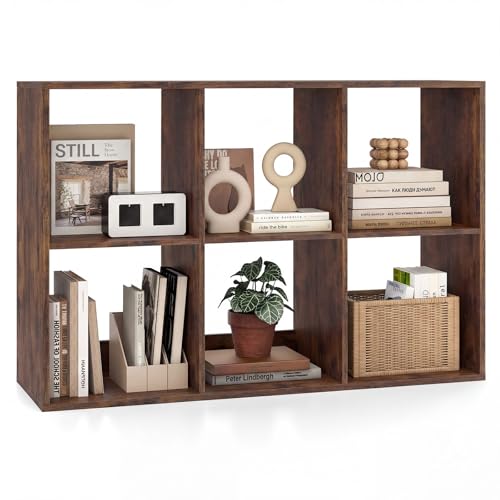 Tangkula 6-Cube Bookcase, 3-Tier Bookshelf with Open Compartments, Freestanding Cube Storage Organizer with Anti-Toppling Kits, Modern Display Shelf for Home Office (Rustic Brown, 6-Cube) - color: Rustic Brown, size: 6-Cube