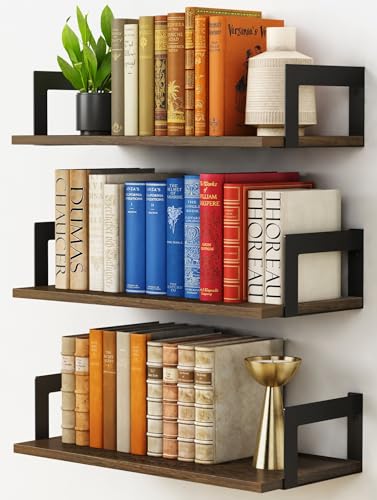 Harwaya Floating Book Shelves for Wall Set of 3, 17 x 8 Inch Deep Wooden Wall Bookshelf for Bedroom Office, Rustic Wood Hanging Wall Shelves for Living Room Kitchen (Dark Brown) - color: Rustic Brown