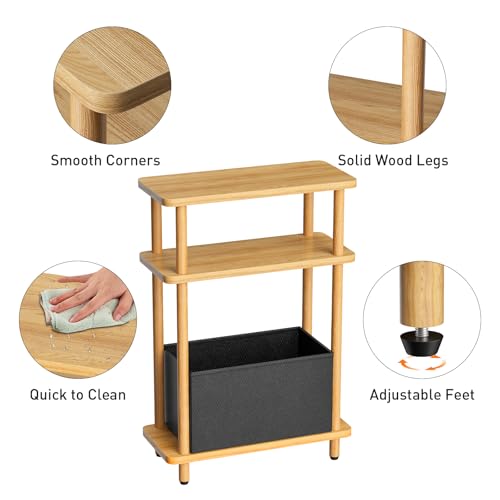 THUMEYE Narrow Side Table with Fabric Basket, 7" Wide, 3 Tier Skinny End Table with Wood Legs, Slim Nightstand/Bedside Table for Small Spaces, with Adjustable Feet, 15.7" L x 23" H - color: Burlywood