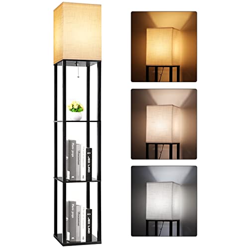 RUNTOP Floor Lamp with Shelves, Shelf Lamp with 3 Color Temperature LED Bulb,Floor-Lamp for Living Room, Modern Tall Standing Display Shelf Floor Lamps for Bedroom, Office (Black) - color: Black
