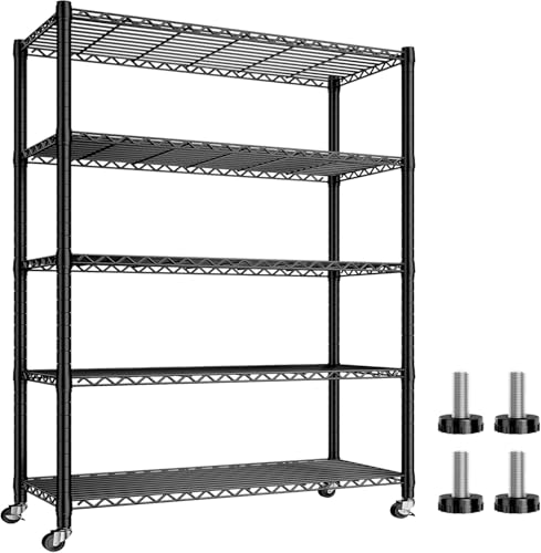 Xcity Storage Shelves, 5 Tier Heavy Duty Metal Shelving Unit with Wheels, 2500 LBS Adjustable Steel Wire Shelf for Commercial, Pantry, Kitchen, Garage, 18" D x 48" W x 72" H, Black - color: Black, size: 48"W x 18"D x 72"H, 5-Tier