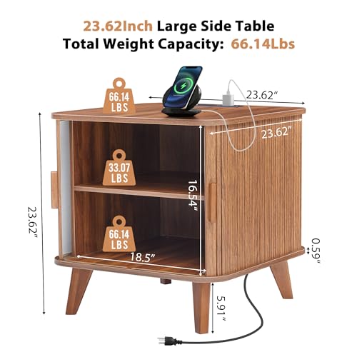 AVZEAR 24" Large Square End Table with Charging Station, Farmhouse Fluted Sofa Side Table with Sliding Tambour Door & Storage, Curved Rustic Wood Nightstand for Living Room, Bedroom, Walnut - color: Walnut