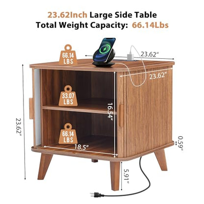 AVZEAR 24" Large Square End Table with Charging Station, Farmhouse Fluted Sofa Side Table with Sliding Tambour Door & Storage, Curved Rustic Wood Nightstand for Living Room, Bedroom, Walnut - color: Walnut