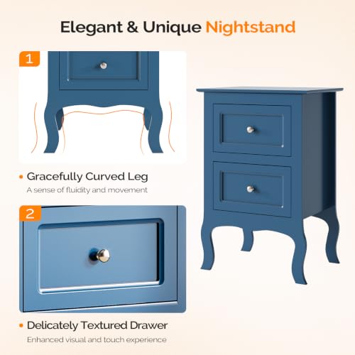 Bonnlo Blue Nightstand with 2 Drawers, Blue Night Stand Bedside Table for Bedroom, Kids Room, Living Room, Small Spaces, Dorm, 15.75" W x 11.8" D x 23.6" H - color: Navy Blue