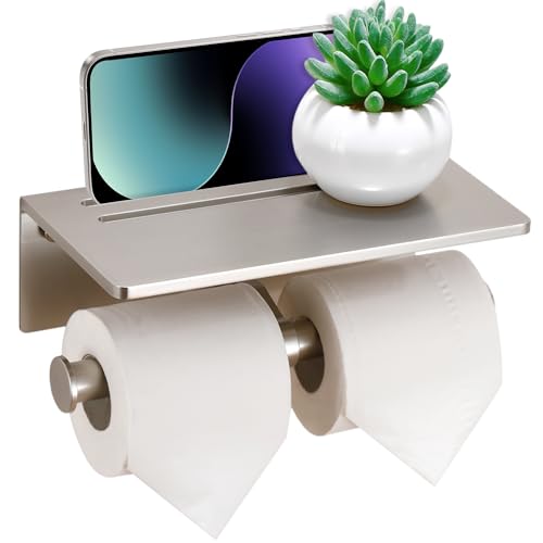 Toilet Paper Holder - Aluminium Double Roll Toilet Tissue Holder with Mobile Phone Shelf for Bathroom, 3M Self Adhesive No Drilling or Wall-Mounted, Rustproof Modern Style Brushed Nickel - color: Brushed Nickel-2 Roll