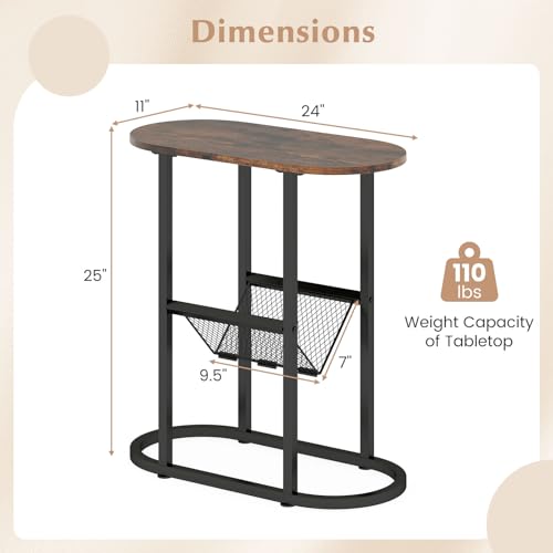 Giantex Oval Narrow Side Table, Set of 2 Small End Table with Magazine Rack Sling Holder Pouch, Industrial Nightstand, Bedside Tables for Living Room Bedroom Couch Small Spaces, Rustic Brown & Black - color: Rustic Brown & Black