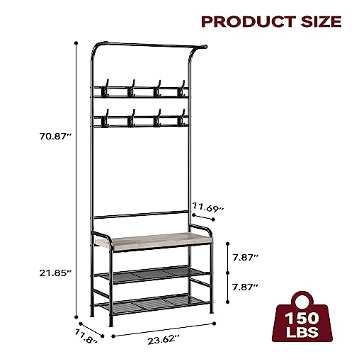 4-in-1 Hall Tree with Shoe Storage Bench, Narrow Entryway Coat Rack and Shoe Bench, Mudroom Shelves with 8 Hooks, Hanging Bar, Gray