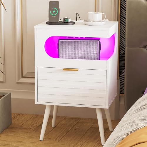 Veegle Nightstand,Modern Bedside Table with Storage Drawer and Open Wood Shelf, Accent Night Stand with Solid Wood Legs for Living Room, Bedroom and Small Spaces,Easy Assembly (White-1) - color: White-1