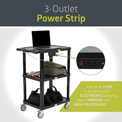 Pearington 3-Shelf Mobile Utility Cart with 3 Outlets and 8' Cord, Heavy-Duty Service Cart for Offices and Warehouses with 3 Shelves, Black - size: 1 Pack