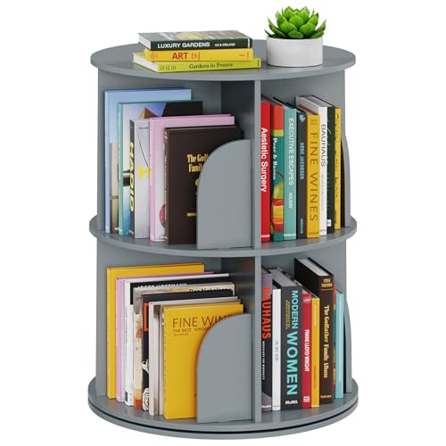 SpaceAid 2 Tier Rotating Bookshelf Tower, Spinning Bookcase Lazy Susan, Revolving 360 Book Shelf Storage Round Carousel, Vertical Rotate Turning Spiral Corner Organizer, Gray - color: Grey, size: 2 Tier, 25.6" H