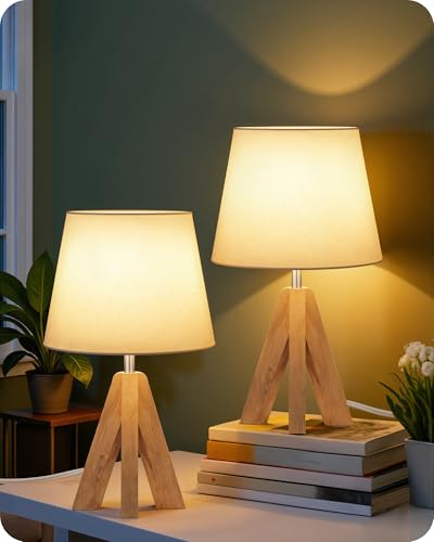 Wood Bedside Lamps Set of 2, Small Tripod Table Lamp, Modern Nightstand Lamp with Fabric Shade, Boho Bedside Wood Desk Lamp for Bedroom, Kids Room, Living Room, Study, White W51TLP205 - color: 2Pack White+Natural Wood