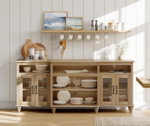 WAMAPT Buffet Cabinet with 4 Glass Doors, Large Coffee Bar Tables Wood Kitchen Storage Cabinets with 9 Storages, Modern Farmhouse Sideboard Credenza, Oak, 70 inch - color: Oak