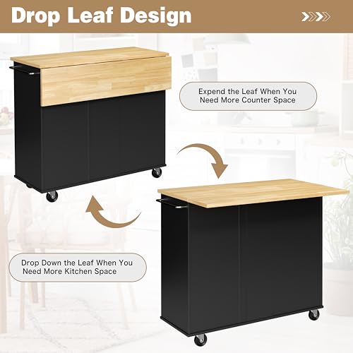 Shintenchi Kitchen Island with Folding Drop Leaf, Rolling Island Table with Storage, Kitchen Cabinet on Wheels with Seating Area for Kitchen, Bar Cart with Cabinet, Black - color: Black