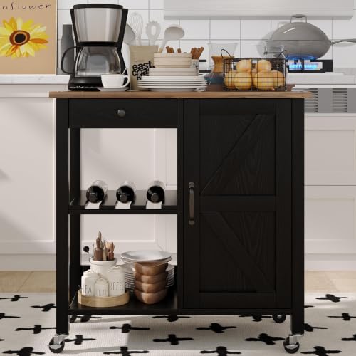 Small Kitchen Island Cart on Wheels with 31.4'' Wood Tabletop, Black | Farmhouse Rolling Kitchen Island with Storage, Lockable Wheels, Drawer, Adjustable Shelf and Wine Rack for Dining Room - style: Black