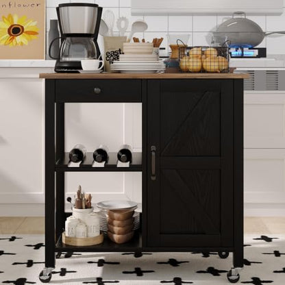 Small Kitchen Island Cart on Wheels with 31.4'' Wood Tabletop, Black | Farmhouse Rolling Kitchen Island with Storage, Lockable Wheels, Drawer, Adjustable Shelf and Wine Rack for Dining Room - style: Black