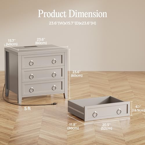 Huuger Paint Night Stand with Charger Station, 3 Drawer Nightstand Set of 2 | Larger Wider Bedside Table with USB-C Port, Modern End Table, for Bedroom, Living Room, Grey Nightstand - color: Grey