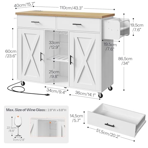 HOOBRO Kitchen Island with Power Outlet, Rolling Kitchen Island on Wheels, Island Table with Storage Cabinet, 2 Drawers, Spice Rack and Towel Rack, White and Natural WN14UZD01