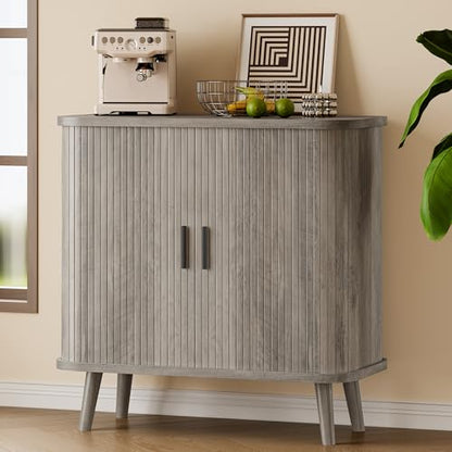 Sideboard Buffet Cabinet with Sliding Door, 31.5" Wide Fluted Modern Accent Storage Cabinet with Adjustable Shelves, Wood Coffee Bar Buffet Console Table for Kitchen, Dining Room, Living Room, Grey - color: Grey