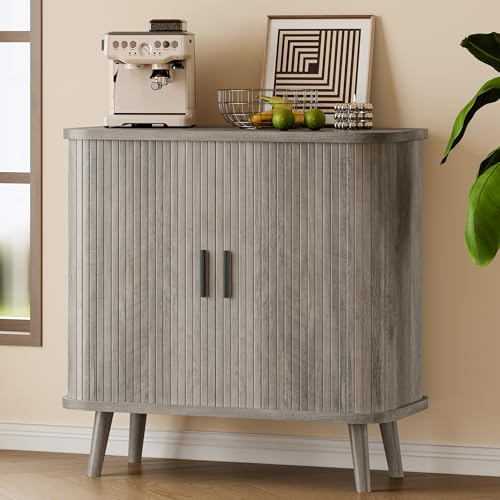 Sideboard Buffet Cabinet with Sliding Door, 31.5" Wide Fluted Modern Accent Storage Cabinet with Adjustable Shelves, Wood Coffee Bar Buffet Console Table for Kitchen, Dining Room, Living Room, Grey - color: Grey